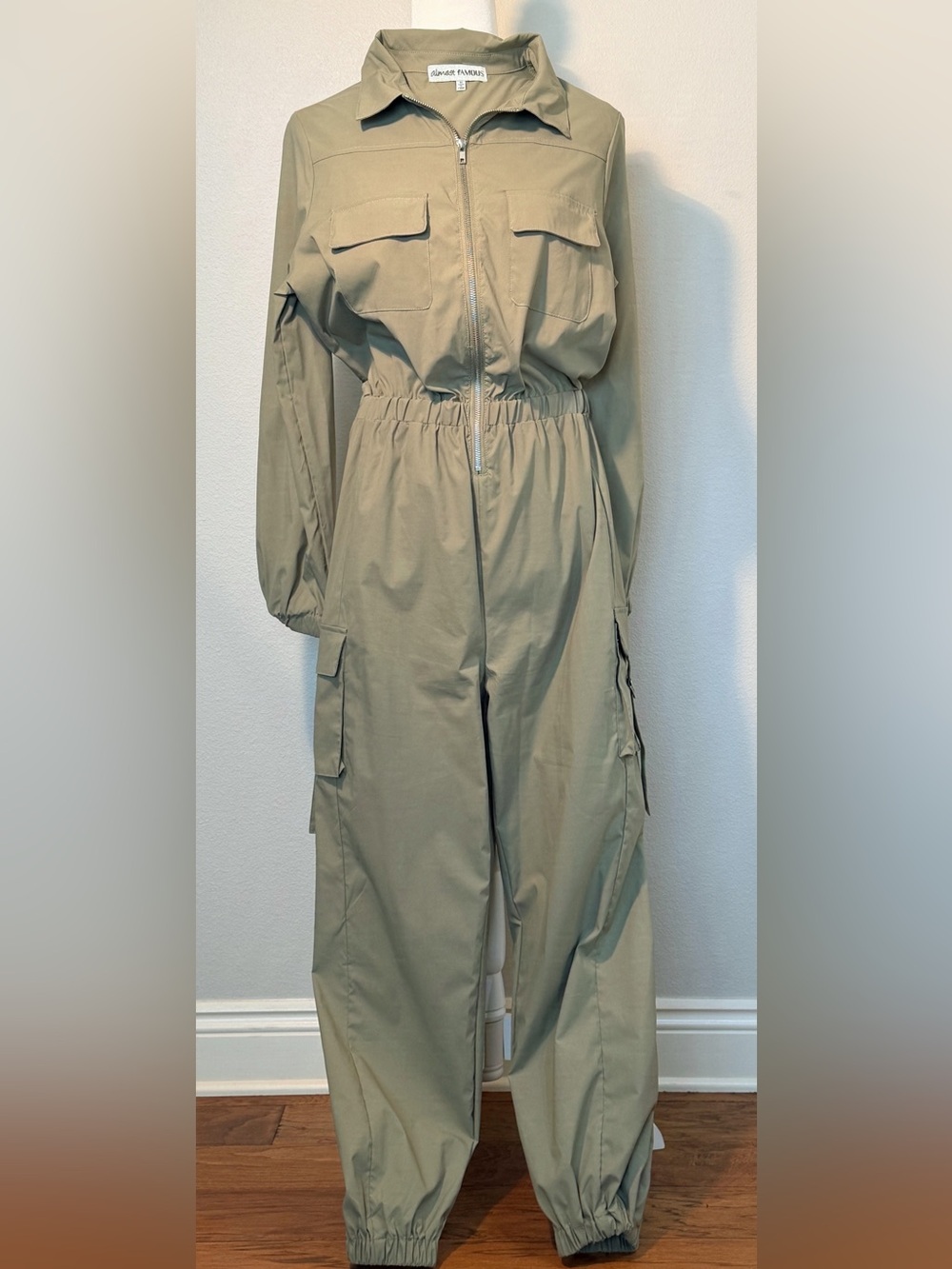 Almost Famous Sage Green Khaki Utility Jumpsuit M - Picture 3 of 11
